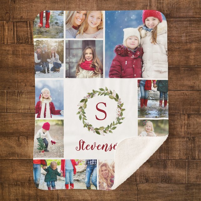 Cobertor Sherpa Holiday Greenery Wreath Family Monograma 12 Foto (Criador carregado)