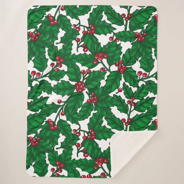 Cobertor Sherpa Holly berry em branco (Frente)