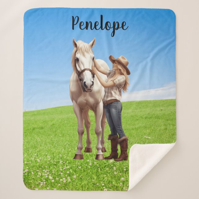 Cobertor Sherpa Horseback Rapariga de Cavalo Personalizado (Frente)