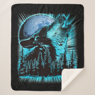 Cobertor Sherpa Howling Wolf Moon Pine Forest