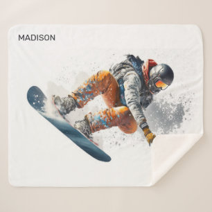 Cobertor Sherpa Ilustração de Snowboarder de Nome Personalizado