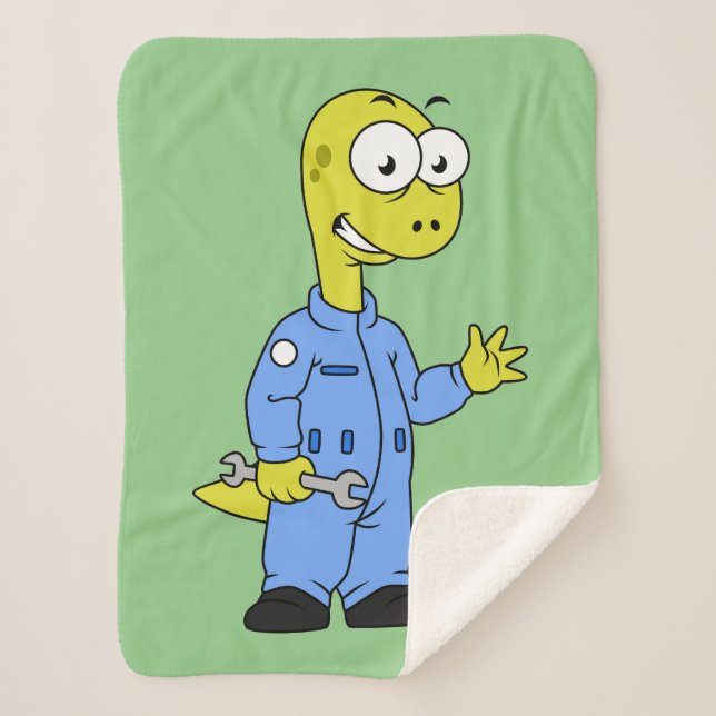 Cobertor Sherpa Ilustração De Um Mecânico Brontossauro. (Frente)