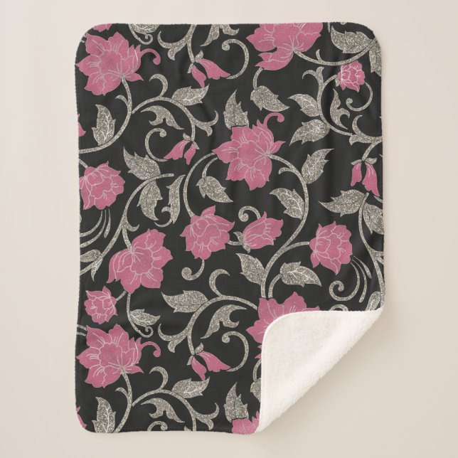 Cobertor Sherpa Ilustração floral brilhante verde-rosa-chic (Frente)