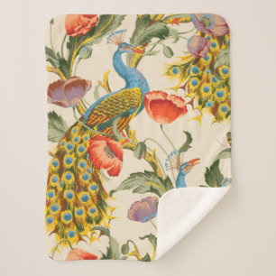Cobertor Sherpa Ilustrações de Peacock e Poppies Vintage