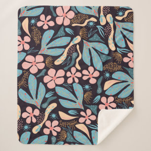 Cobertor Sherpa Impressão Azul Coral Azul Floral Escuro