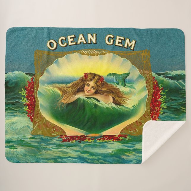 Cobertor Sherpa Impressão de rótulo de charuto da sereia Ocean Gem (Frente (Horizontal))