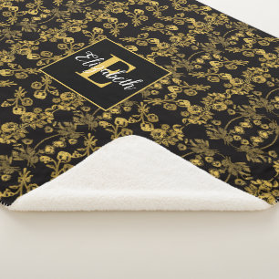 Cobertor Sherpa Impressão Floral de Ouro Quic Monograma a preto