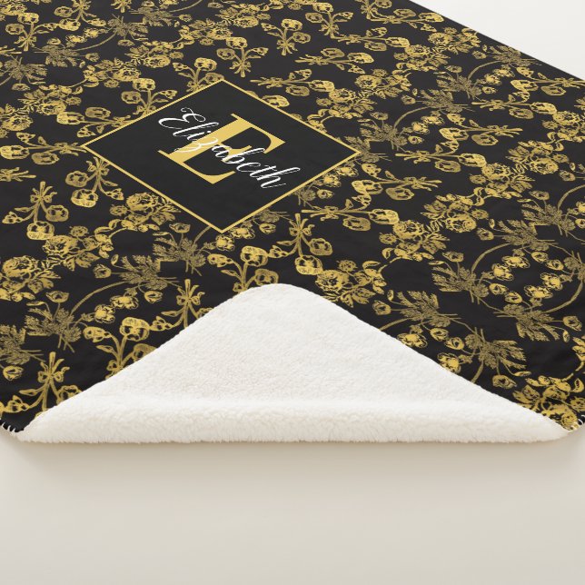 Cobertor Sherpa Impressão Floral de Ouro Quic Monograma a preto (3/4)