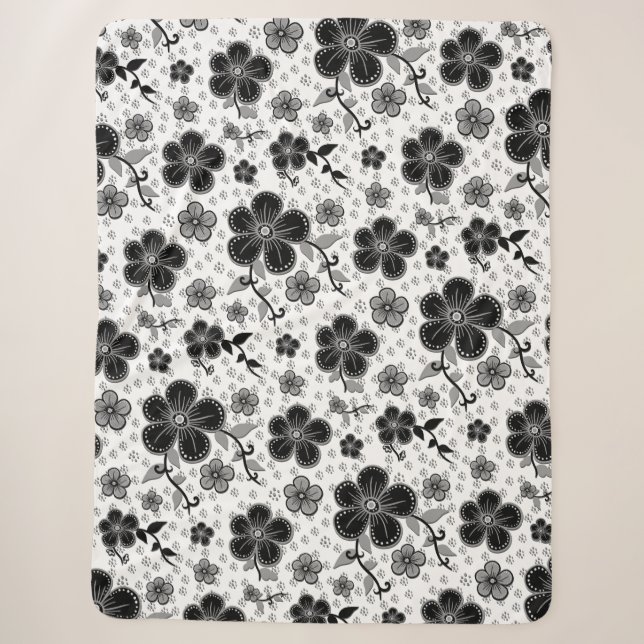 Cobertor Sherpa Impressão Floral preto-e-branco (Frente)