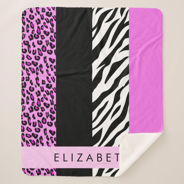Cobertor Sherpa Impressão Leopardo, Impressão Zebra, Rosa, Seu Nom (Frente)