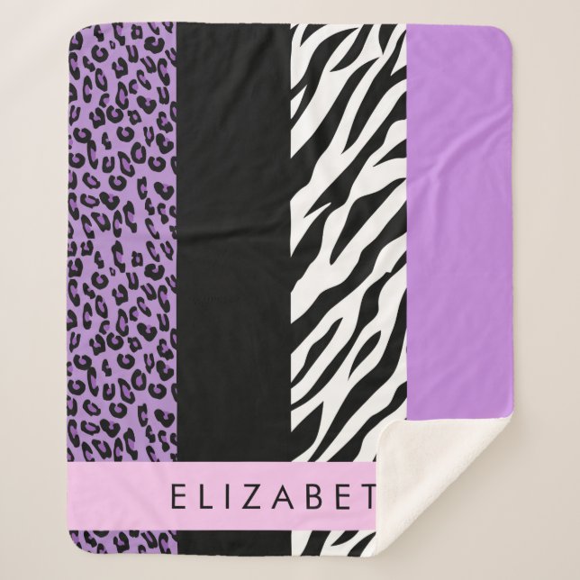 Cobertor Sherpa Impressão Leopardo, Impressão Zebra, Roxo, Seu Nom (Frente)