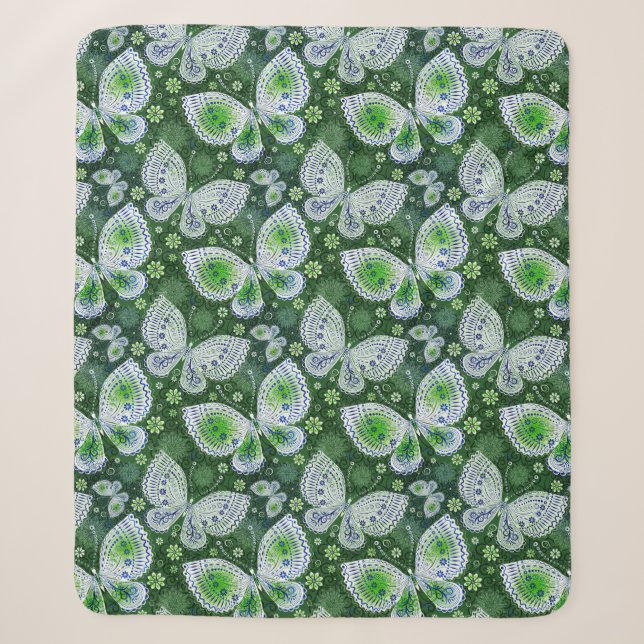Cobertor Sherpa Impressão Verde de Borboleta de Paisley (Frente)