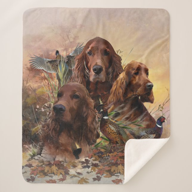 Cobertor Sherpa Irish Setters com Faasants - Caça à Paixão (Frente)