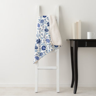 Cobertor Sherpa Jacobean Floral Pattern Blue em Branco