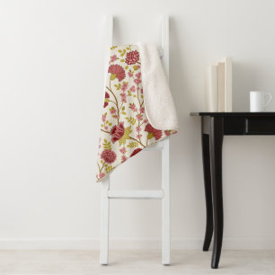 Cobertor Sherpa Jacobean Floral Reds Pinks Dourado Cream