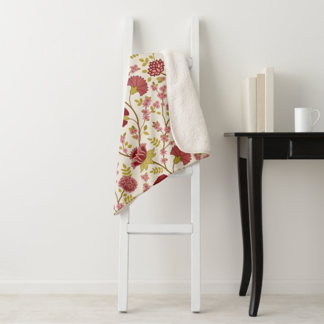 Cobertor Sherpa Jacobean Floral Reds Pinks Dourado Cream (In Situ)