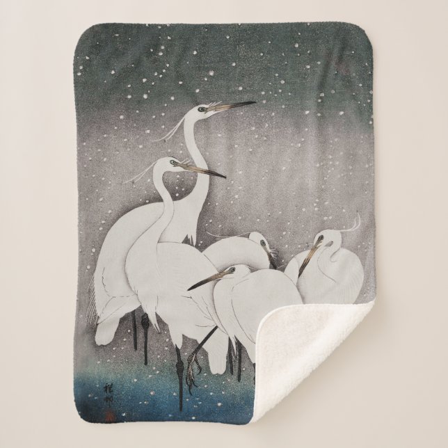 Cobertor Sherpa Japonês Egrets Koson Cranes Winter Snow (Frente)