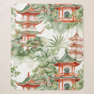 Cobertor Sherpa Jardim da Pagode Oriental Aguarela Sage