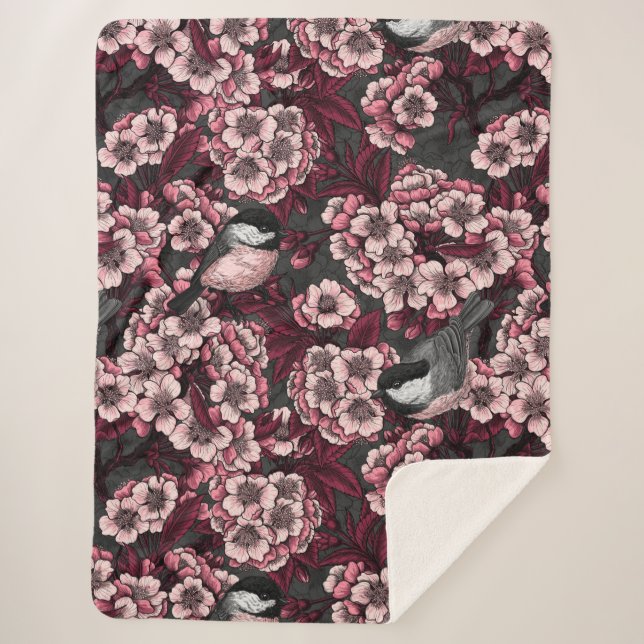Cobertor Sherpa Jardim de cereja noturno (Frente)