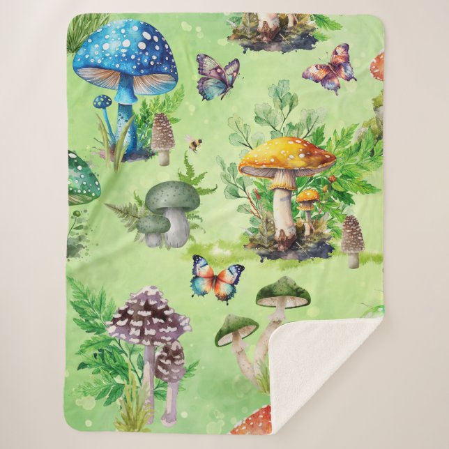 Cobertor Sherpa Jardim de Cogumelo com Aquarela (Frente)