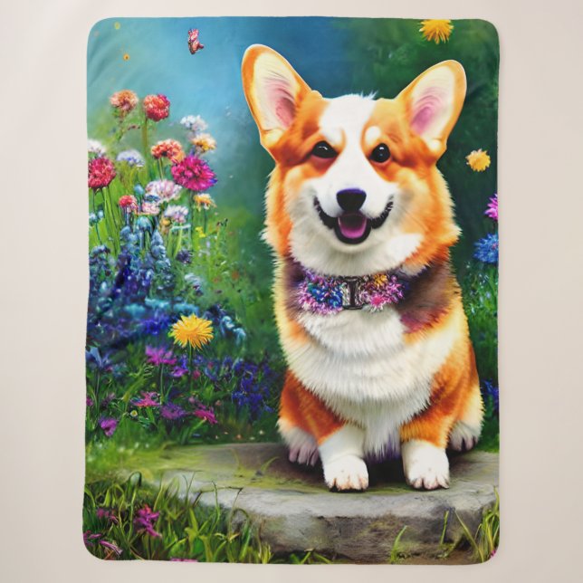 Cobertor Sherpa Jardim de Flores Corgi (Frente)