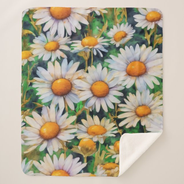 Cobertor Sherpa Jardim de Flores de Margarida Aquarela (Frente)