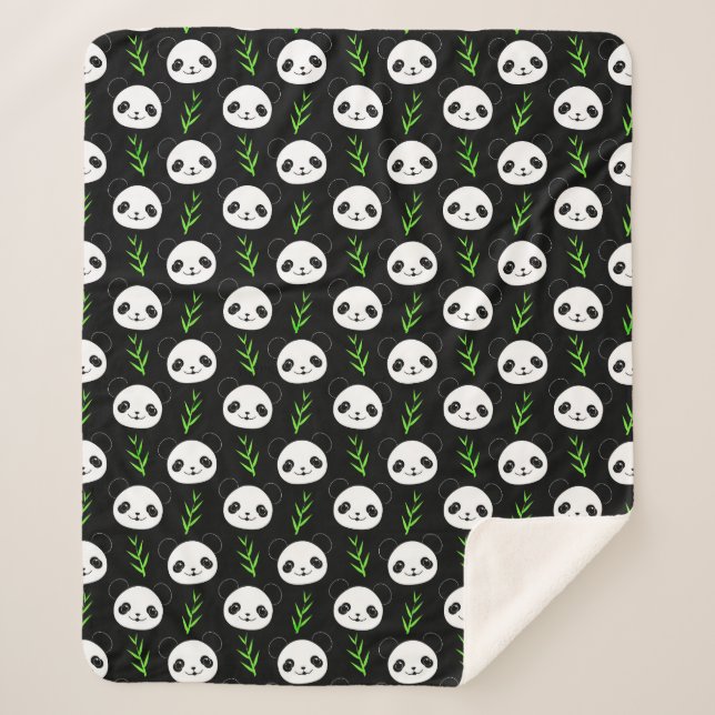 Cobertor Sherpa Kawaii Panda Pattern Bamboo Em Verde Branco Negro (Frente)