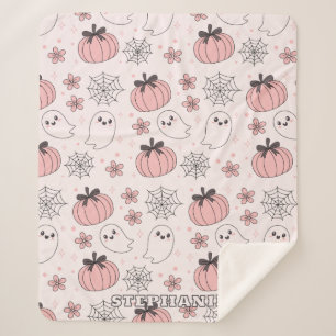 Cobertor Sherpa Kawaii Pink Halloween Fantasmas e Pumpkins
