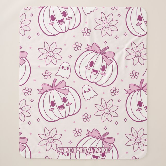 Cobertor Sherpa Kawaii Pumpkins, Fantasmas e Flores (Frente)