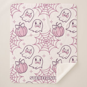 Cobertor Sherpa Kawaii Rosa Halloween Fantasmas e Abóbora
