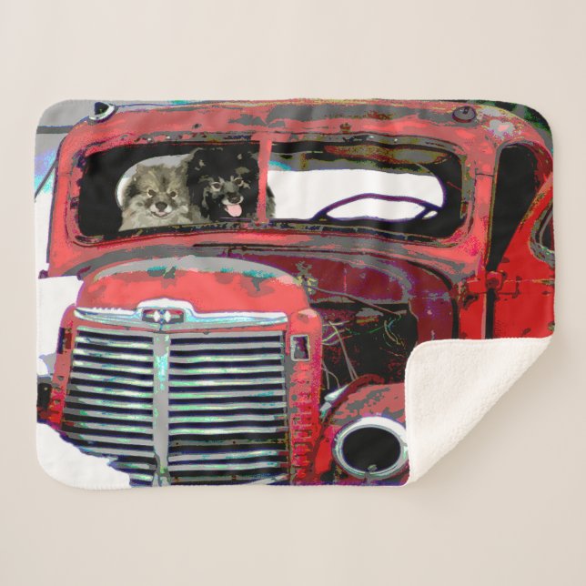 Cobertor Sherpa Keeshond Christmas Old Truck Painting Art (Frente (Horizontal))