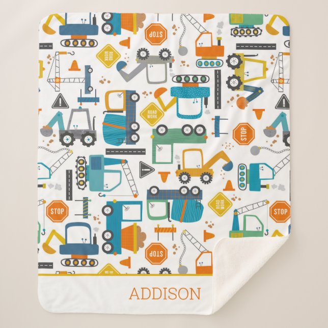 Cobertor Sherpa Kids Construction vehicles Doodle Personalizado (Frente)