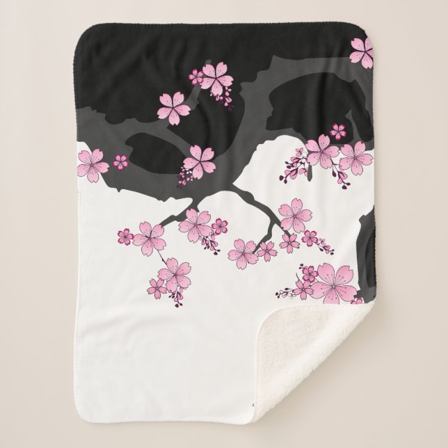 Cobertor Sherpa Kimono Black e White Pink Sakura (Frente)