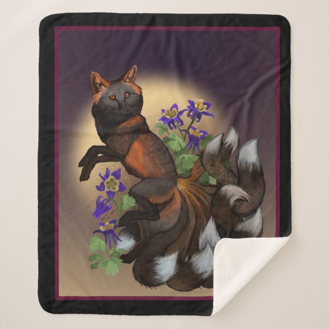 Cobertor Sherpa Kitsune e Flores Columbine (Frente)