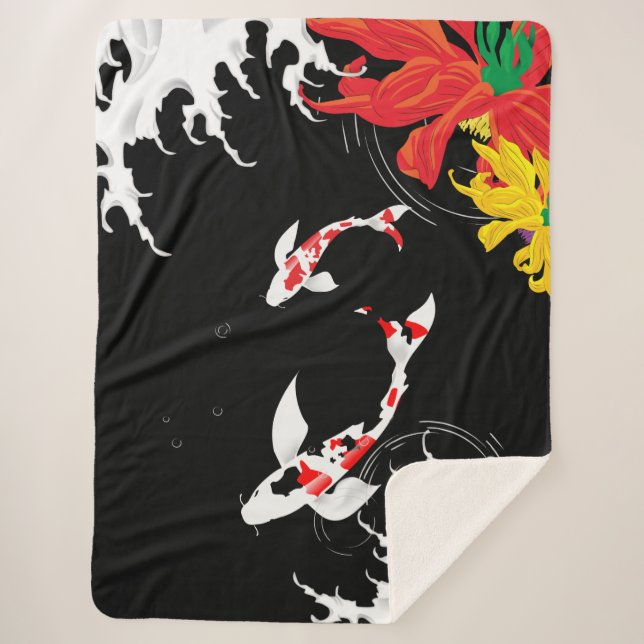 Cobertor Sherpa Koi Pond - black - Japanese Design Blanket (Frente)