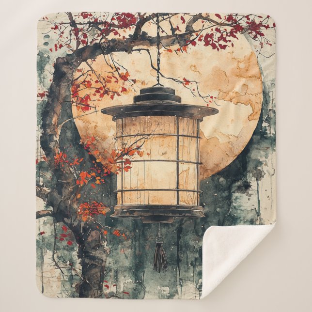 Cobertor Sherpa Lanterna Iluminada pela Lua Sumi-E Aquarela (2) (Frente)