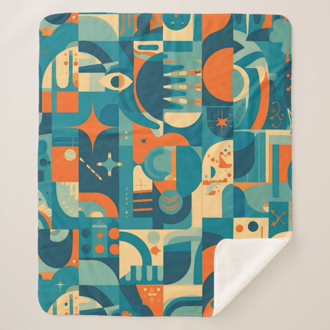 Cobertor Sherpa Laranja e Azul Geométrico Abstrato (Frente)
