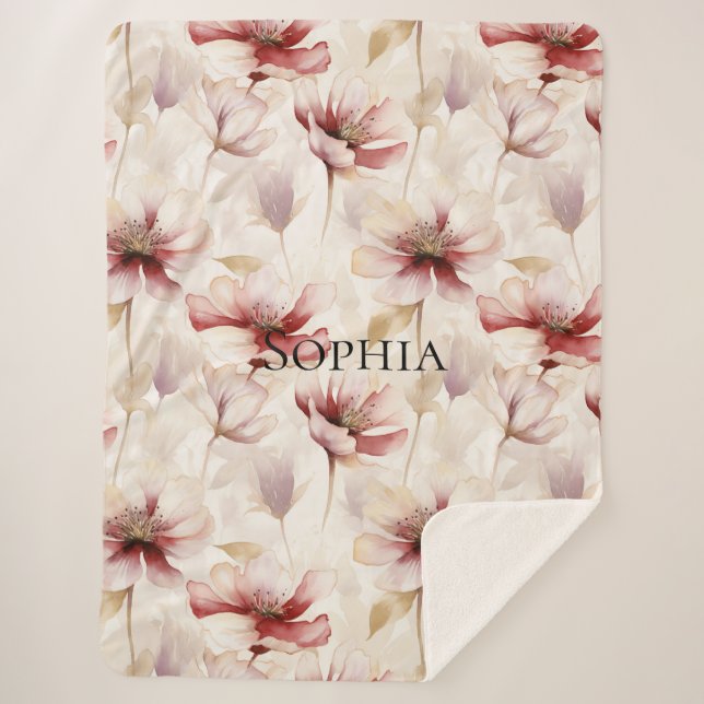 Cobertor Sherpa Lavanda de Creme Floral de Burgundy (Frente)