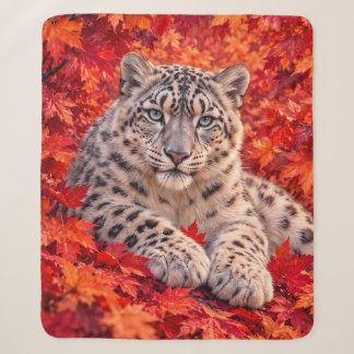 Cobertor Sherpa Leopardo-das-neves em Folhas de Bordo de Outono – 
