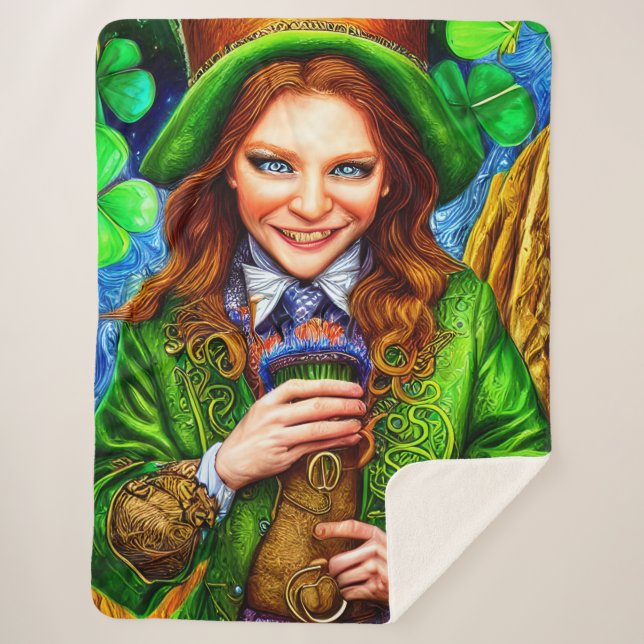 Cobertor Sherpa Leprechaun, mulher verde e ecstática, inspirou Tra (Frente)