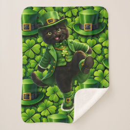 Cobertor Sherpa Leprechaun sortudo gato preto Dia de São Patrício