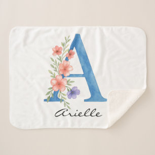 Cobertor Sherpa Letra floral A personalizada com aquarela monogram
