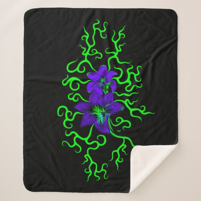 Cobertor Sherpa Lily Roxa Flor a preto (Frente)