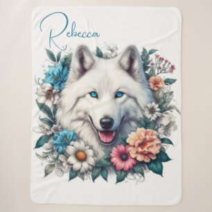 Cobertor Sherpa Linda Cachorro de Lobo Branco com Flores
