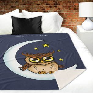 Cobertor Sherpa Linda Coruja Marrom Crescente Estrelas Azuis