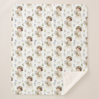 Cobertor Sherpa Lindo Bebê Fleece com Padrão de Menina e Flor em A