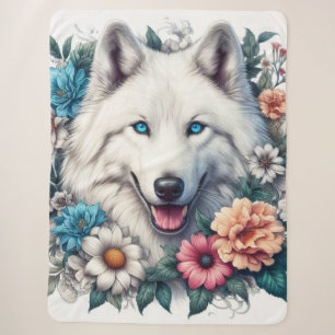 Cobertor Sherpa Lindo Cão Lobo Branco com Flores