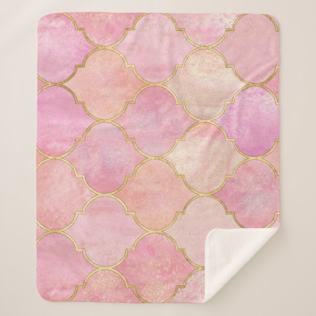 Cobertor Sherpa Linha Dourada marroquina: Aquarela rosa (Frente)