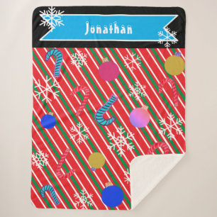 Cobertor Sherpa Listras de Natal Balas de Canas Ornamentos Nome