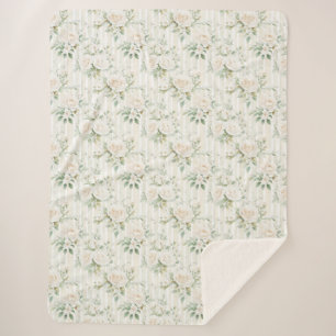 Cobertor Sherpa Listras Florais de Rosas Brancas Tom Romântico  